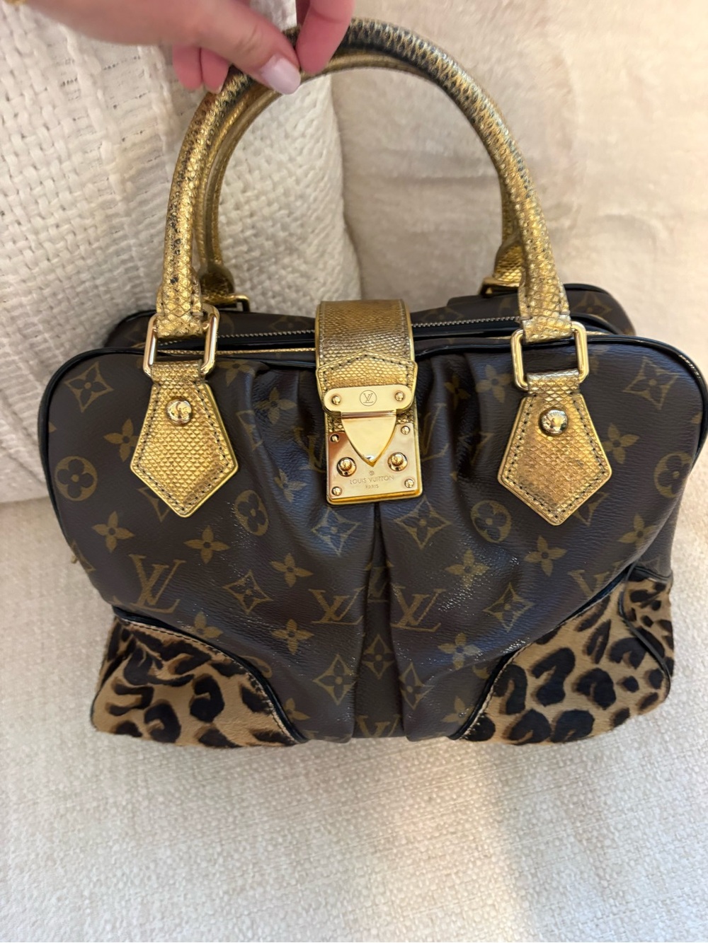 Louis Vuitton Gold-Accent Collectors Item Adelle Monogram Leopard Trim Handbag